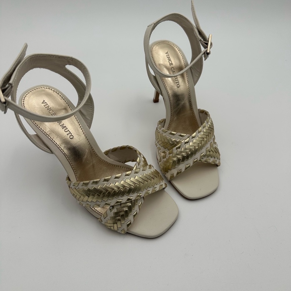 Vince Camuto Cream and Gold Woven Strap Heels
